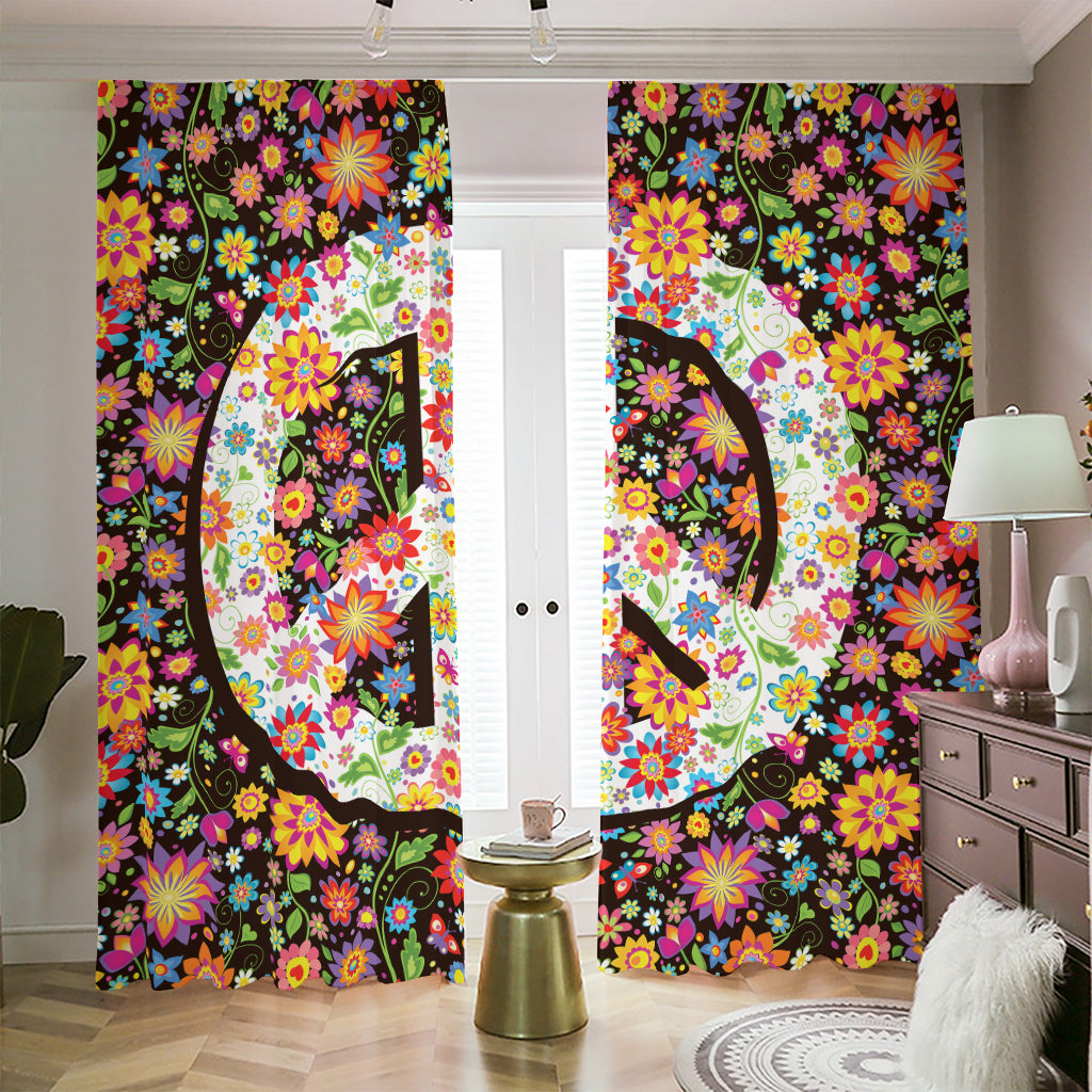 Hippie Flower Peace Sign Print Blackout Pencil Pleat Curtains