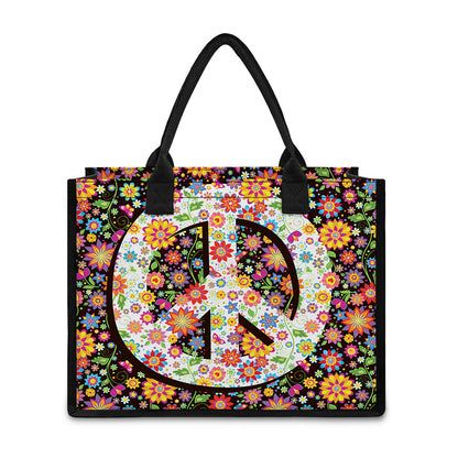 Hippie Flower Peace Sign Print Canvas Tote Bag