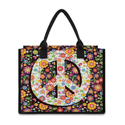 Hippie Flower Peace Sign Print Canvas Tote Bag