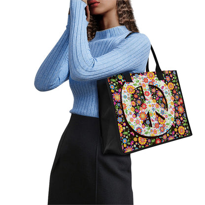 Hippie Flower Peace Sign Print Canvas Tote Bag