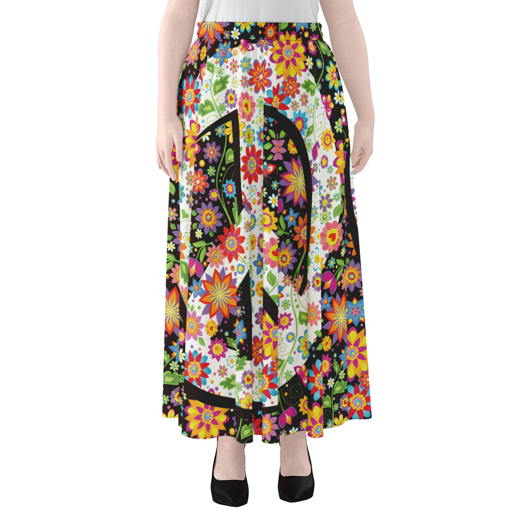 Hippie Flower Peace Sign Print Chiffon Maxi Skirt