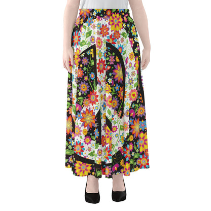 Hippie Flower Peace Sign Print Chiffon Maxi Skirt