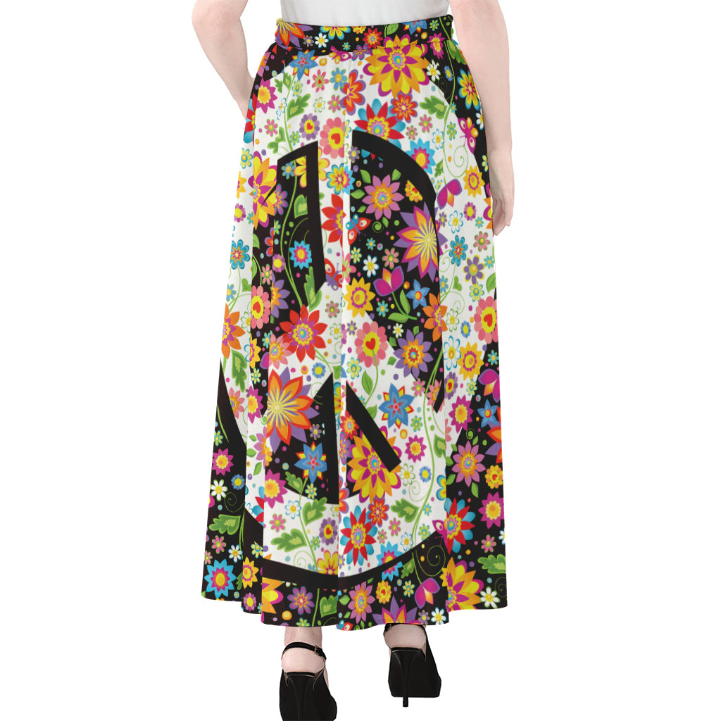 Hippie Flower Peace Sign Print Chiffon Maxi Skirt