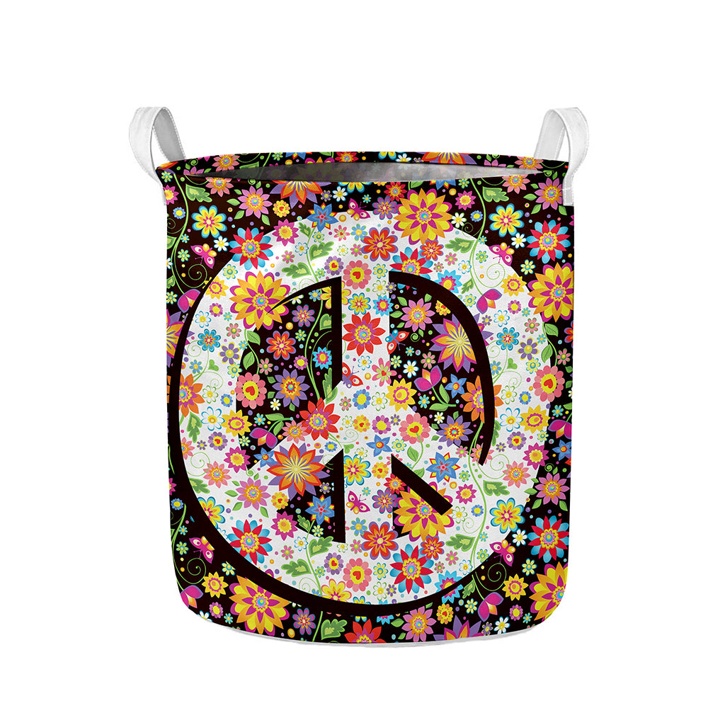Hippie Flower Peace Sign Print Collapsible Laundry Basket