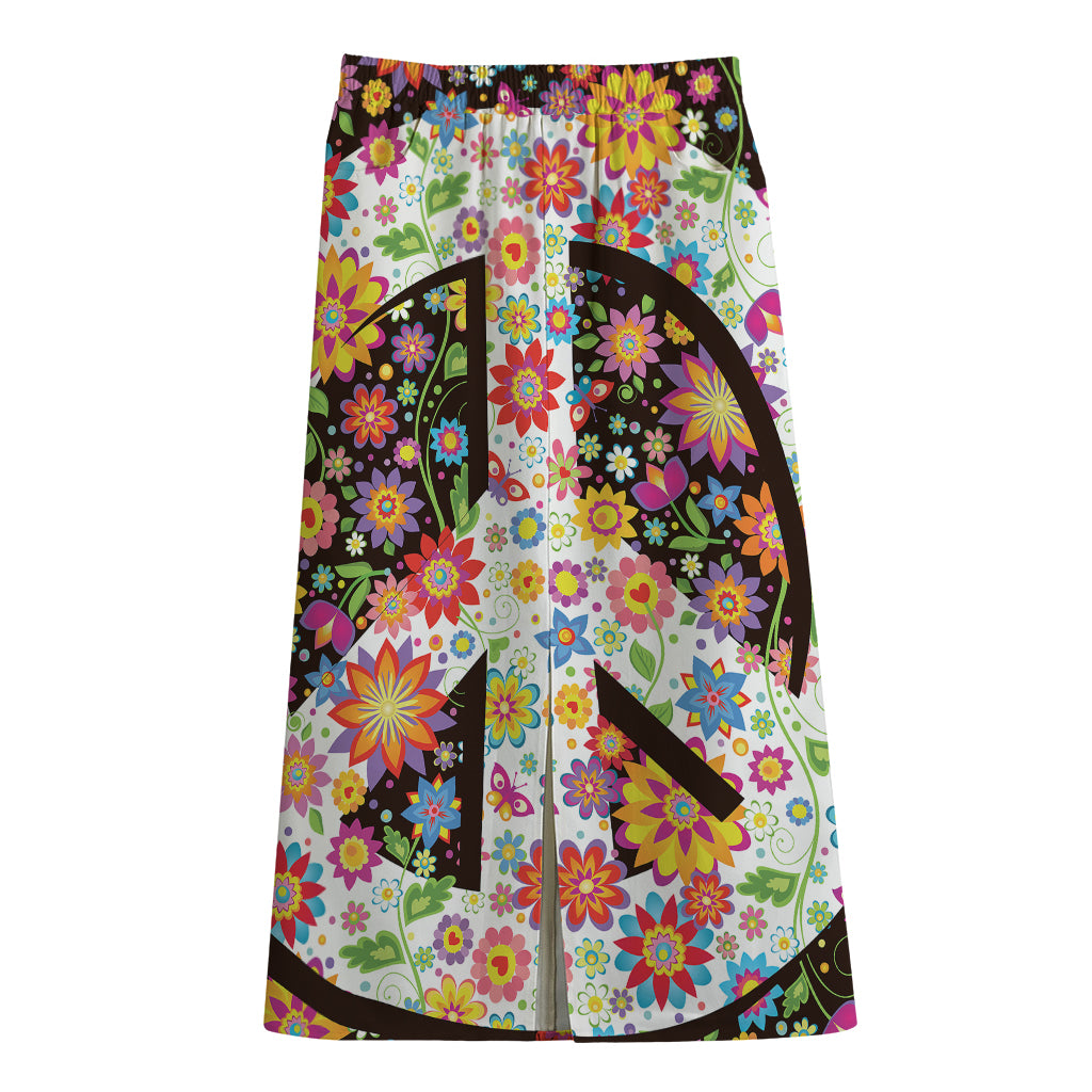 Hippie Flower Peace Sign Print Cotton Front Slit Maxi Skirt