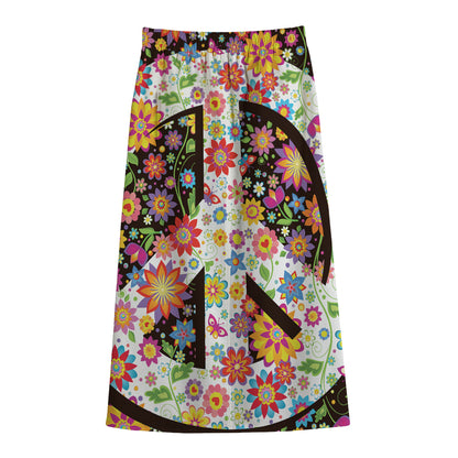 Hippie Flower Peace Sign Print Cotton Front Slit Maxi Skirt
