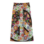 Hippie Flower Peace Sign Print Cotton Front Slit Maxi Skirt