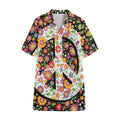 Hippie Flower Peace Sign Print Cotton Hawaiian Shirt