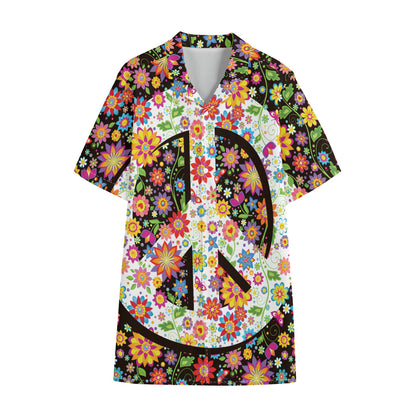 Hippie Flower Peace Sign Print Cotton Hawaiian Shirt