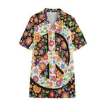 Hippie Flower Peace Sign Print Cotton Hawaiian Shirt