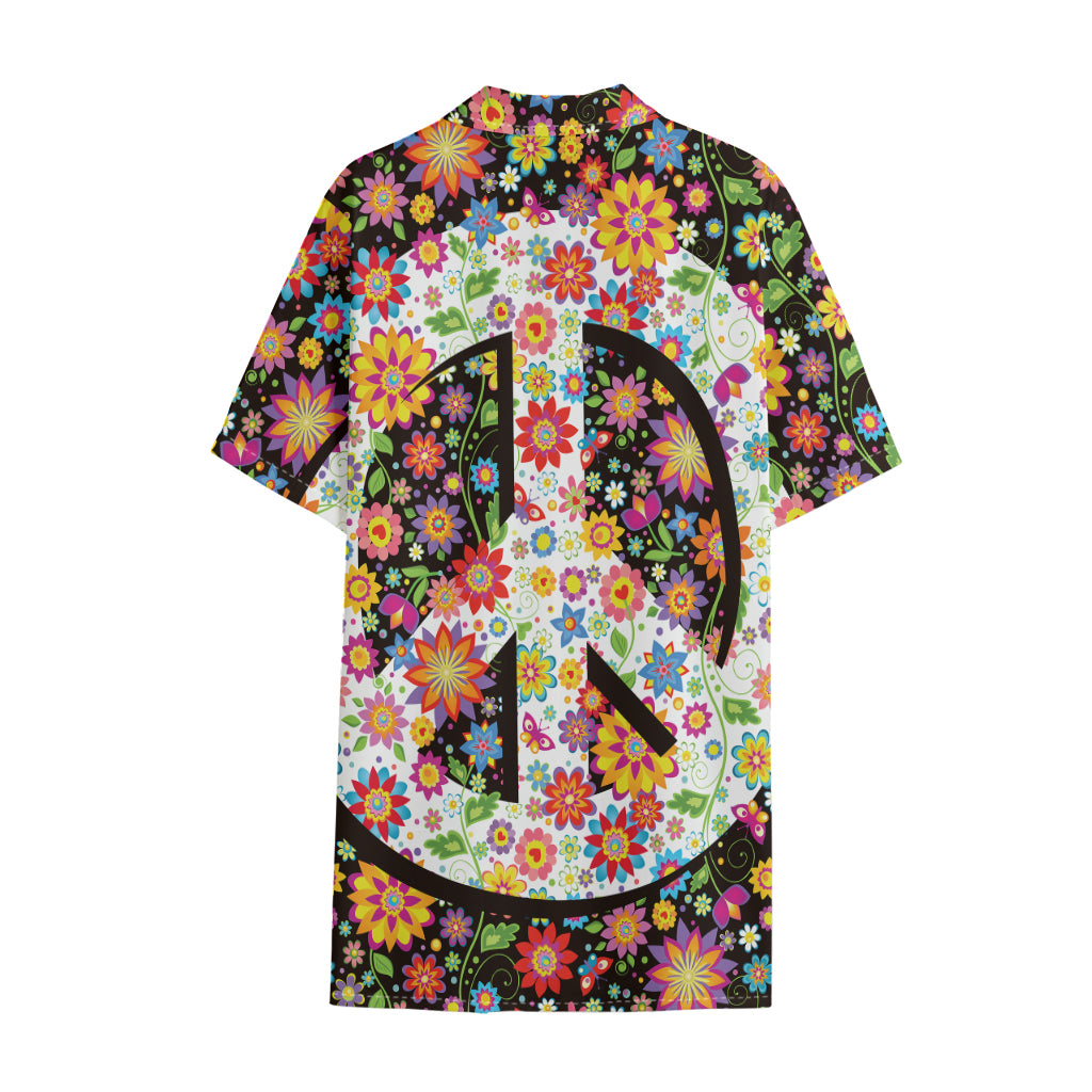 Hippie Flower Peace Sign Print Cotton Hawaiian Shirt