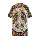 Hippie Flower Peace Sign Print Cotton Hawaiian Shirt