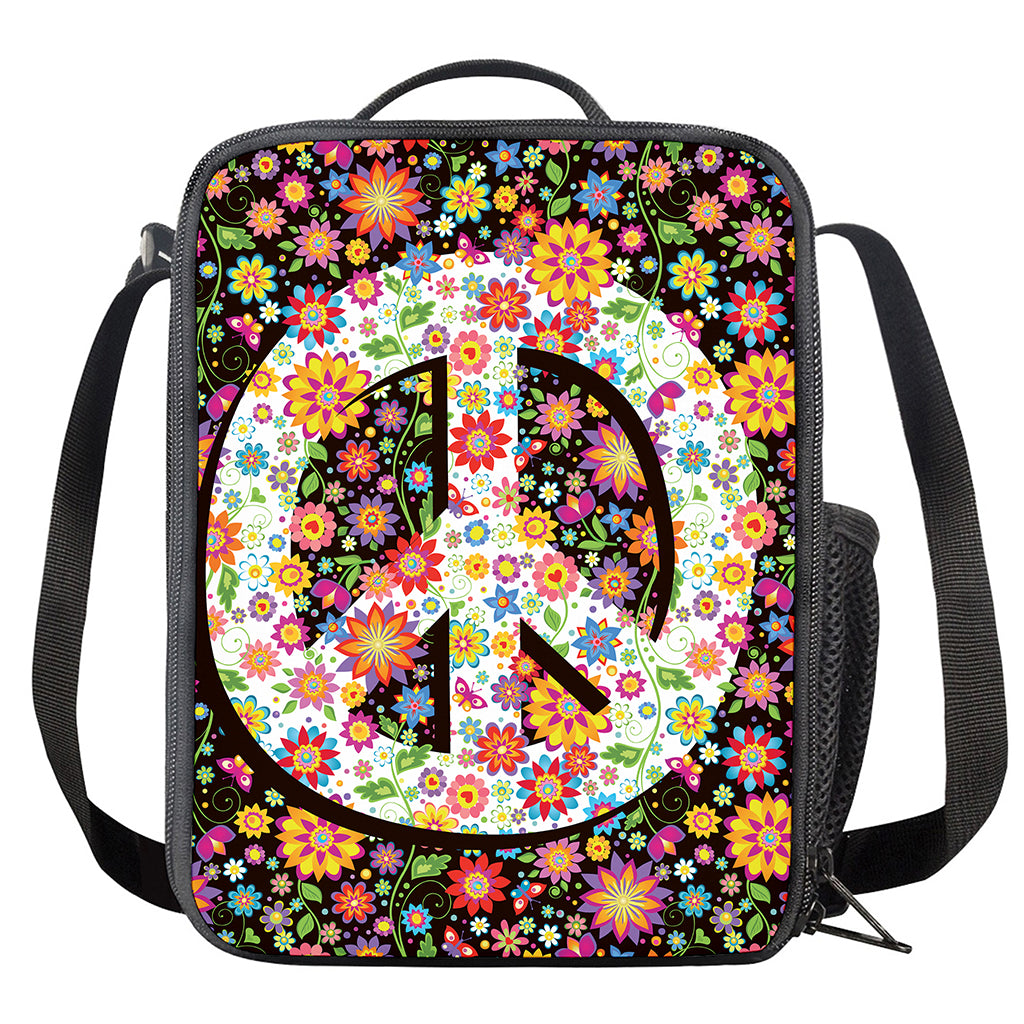 Hippie Flower Peace Sign Print Crossbody Lunch Bag