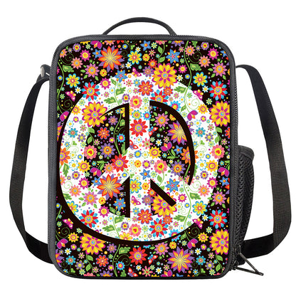 Hippie Flower Peace Sign Print Crossbody Lunch Bag