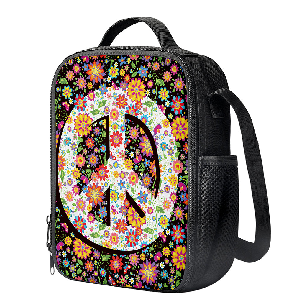 Hippie Flower Peace Sign Print Crossbody Lunch Bag