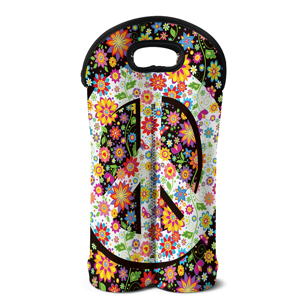Hippie Flower Peace Sign Print Double Neoprene Wine Tote