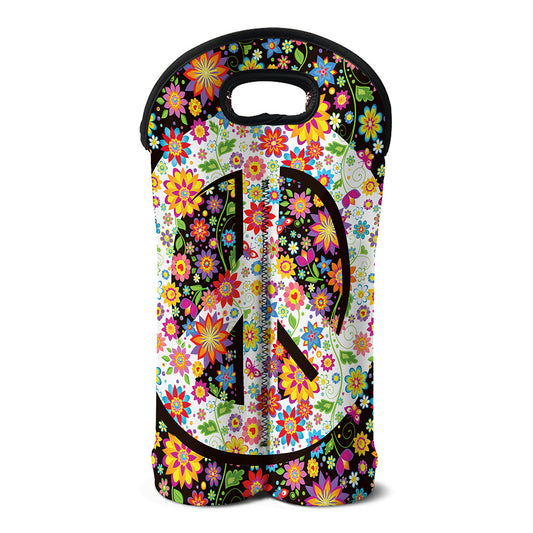 Hippie Flower Peace Sign Print Double Neoprene Wine Tote