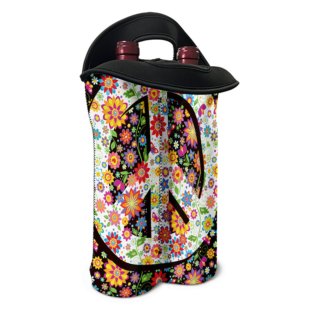 Hippie Flower Peace Sign Print Double Neoprene Wine Tote
