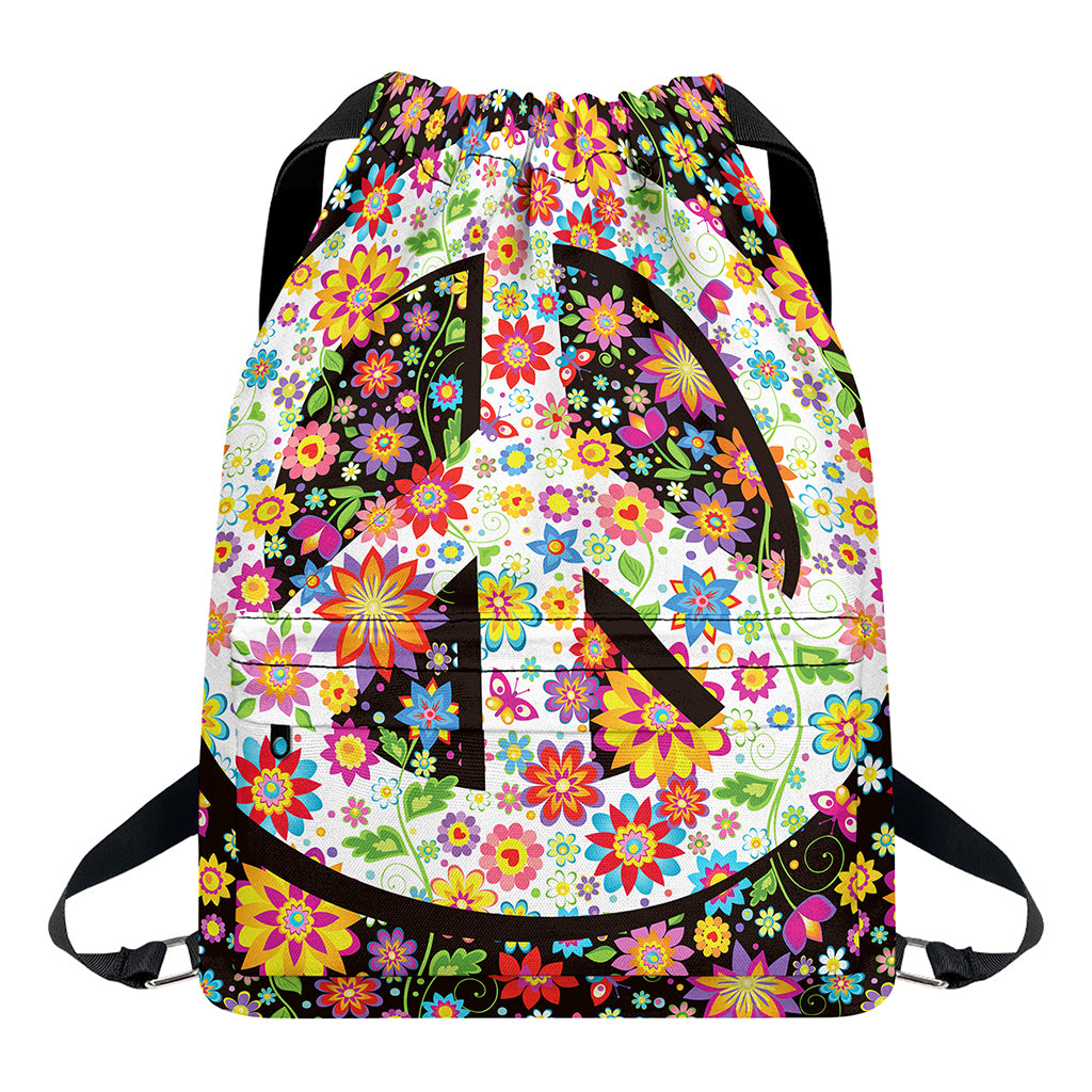 Hippie Flower Peace Sign Print Drawstring Backpack