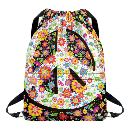 Hippie Flower Peace Sign Print Drawstring Backpack