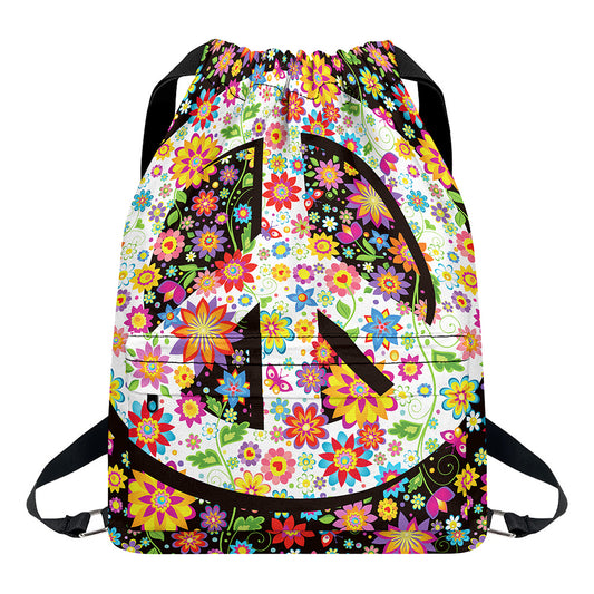 Hippie Flower Peace Sign Print Drawstring Backpack