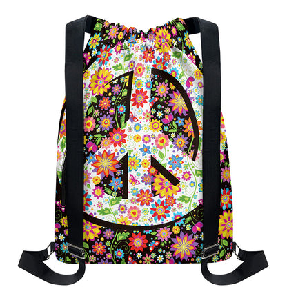 Hippie Flower Peace Sign Print Drawstring Backpack