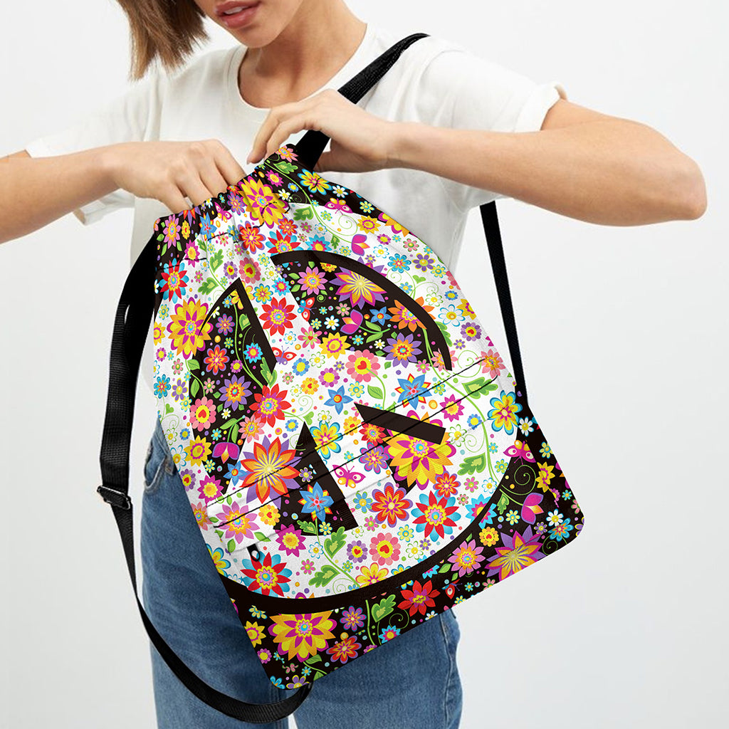 Hippie Flower Peace Sign Print Drawstring Backpack