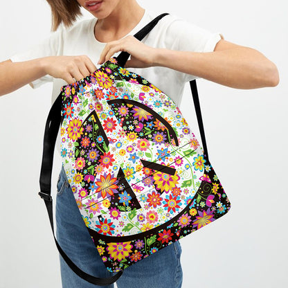 Hippie Flower Peace Sign Print Drawstring Backpack