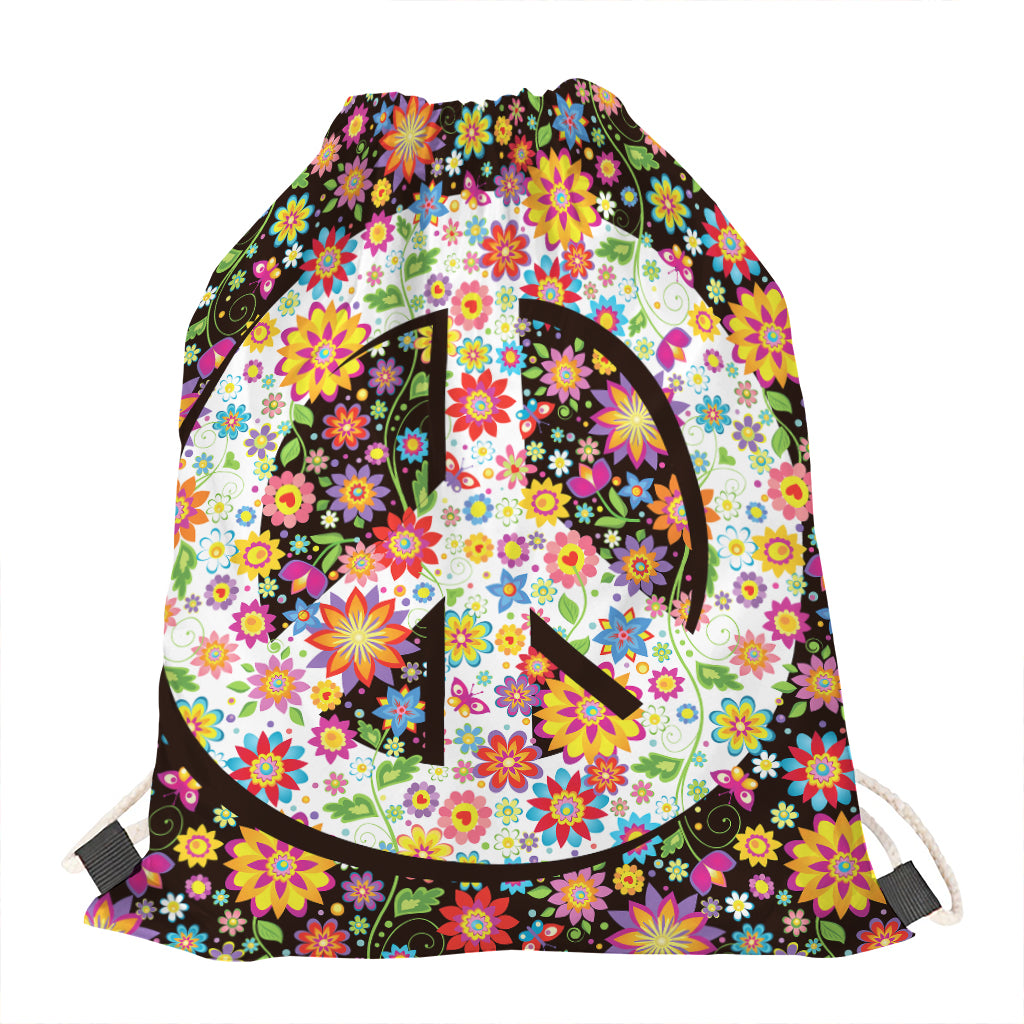 Hippie Flower Peace Sign Print Drawstring Bag