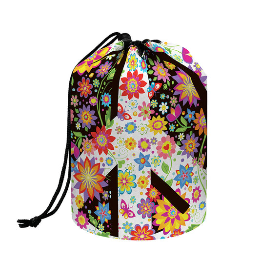 Hippie Flower Peace Sign Print Drawstring Makeup Bag