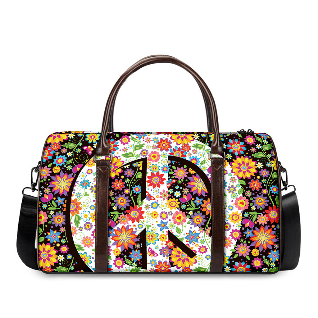 Hippie Flower Peace Sign Print Duffle Bag