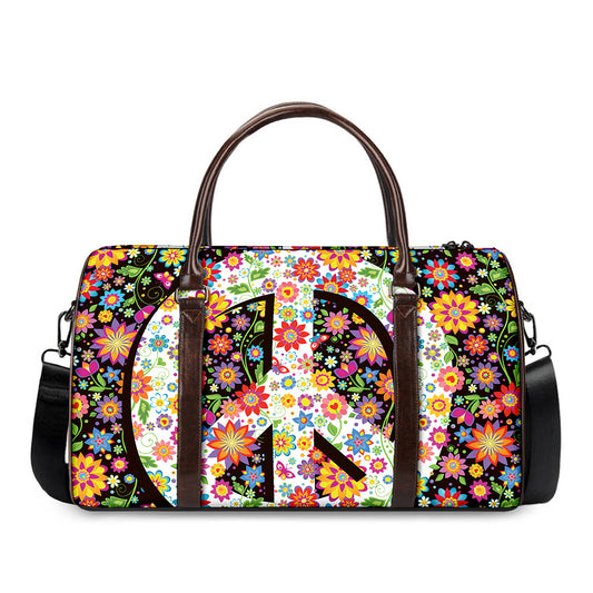 Hippie Flower Peace Sign Print Duffle Bag