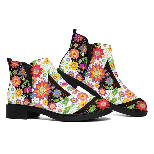 Hippie Flower Peace Sign Print Flat Ankle Boots