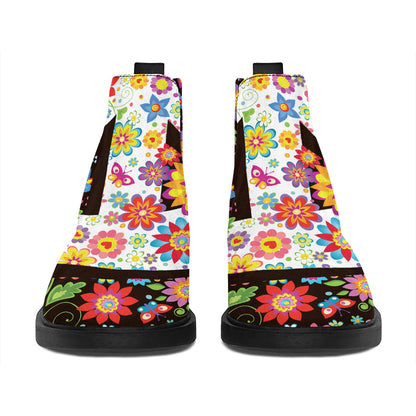 Hippie Flower Peace Sign Print Flat Ankle Boots
