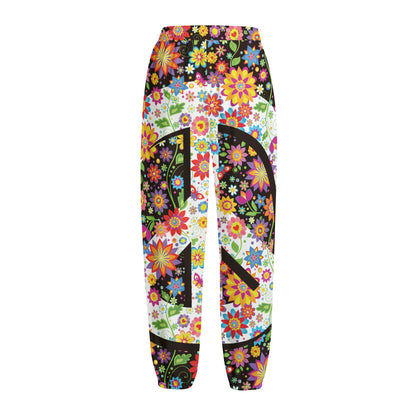 Hippie Flower Peace Sign Print Fleece Lined Knit Pants