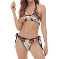 Hippie Flower Peace Sign Print Halter Scoop Tie Side Bikini