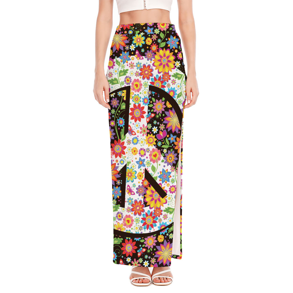 Hippie Flower Peace Sign Print High Slit Maxi Skirt