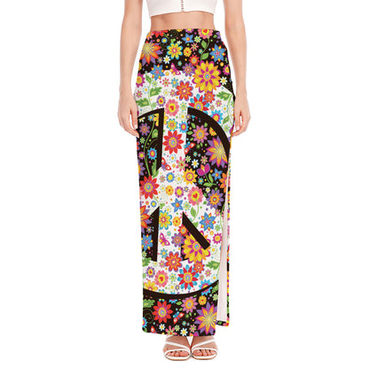 Hippie Flower Peace Sign Print High Slit Maxi Skirt