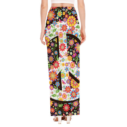 Hippie Flower Peace Sign Print High Slit Maxi Skirt