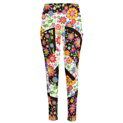 Hippie Flower Peace Sign Print High-Waisted Pocket Leggings