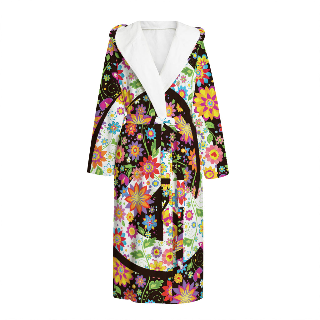 Hippie Flower Peace Sign Print Hooded Bathrobe