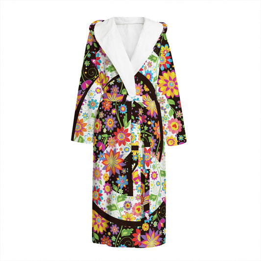 Hippie Flower Peace Sign Print Hooded Bathrobe