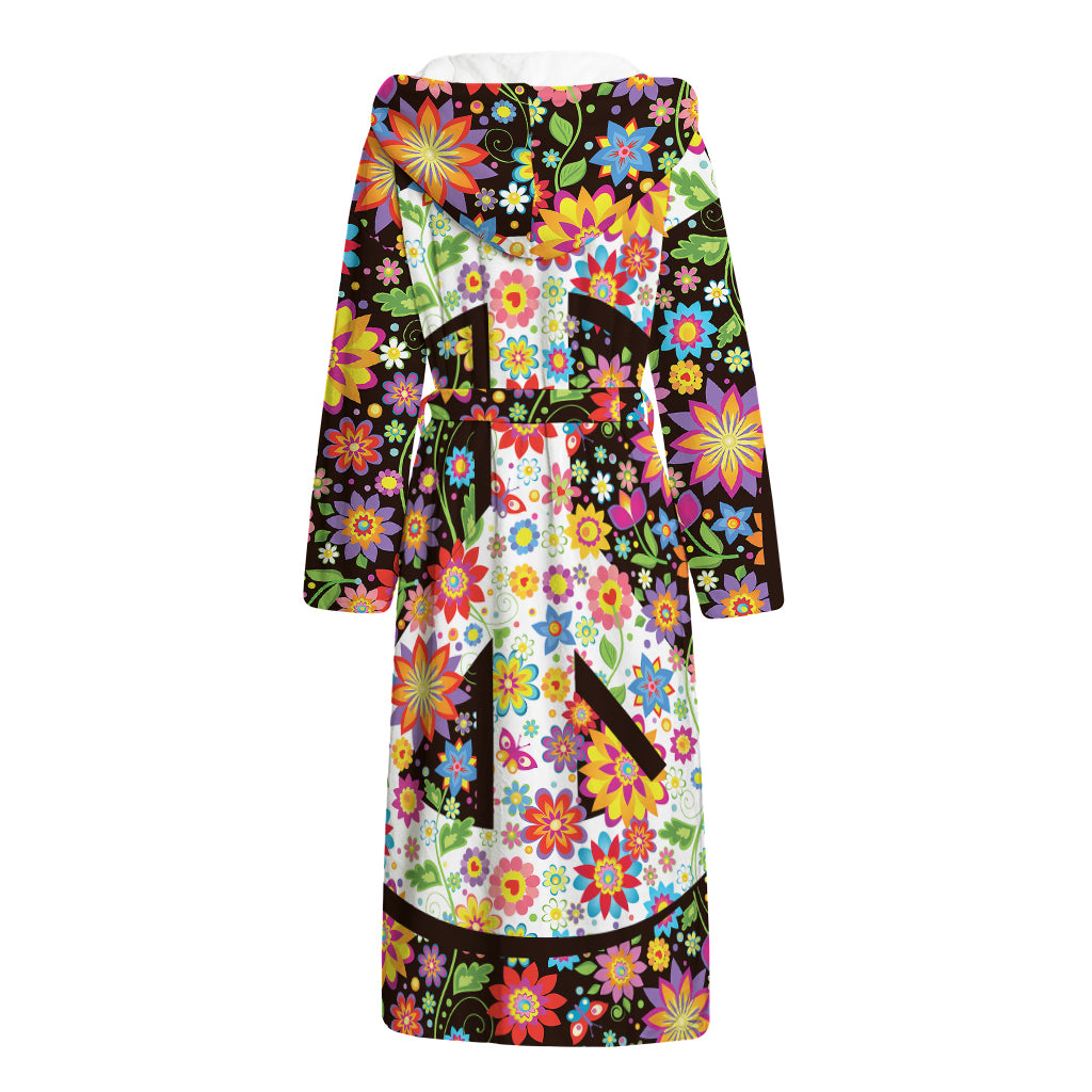 Hippie Flower Peace Sign Print Hooded Bathrobe