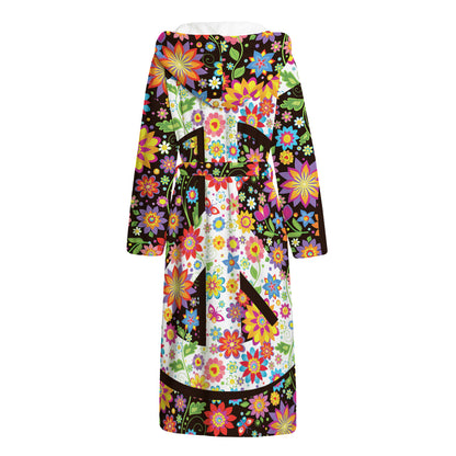 Hippie Flower Peace Sign Print Hooded Bathrobe