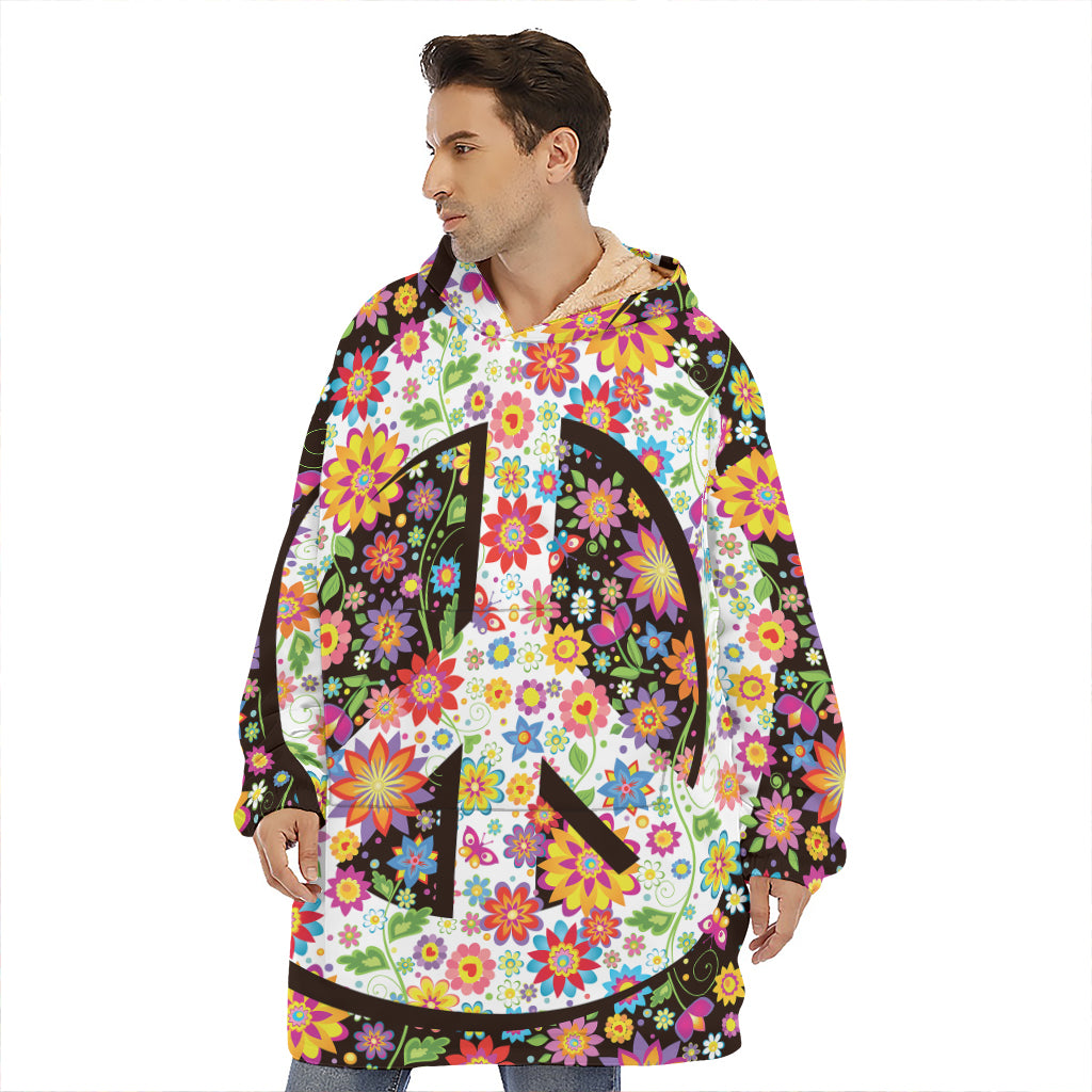 Hippie Flower Peace Sign Print Hoodie Blanket