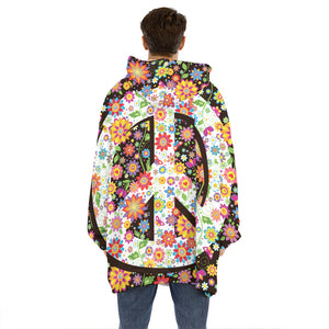 Hippie Flower Peace Sign Print Hoodie Blanket