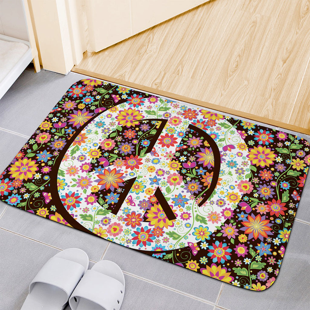 Hippie Flower Peace Sign Print Indoor Door Mat