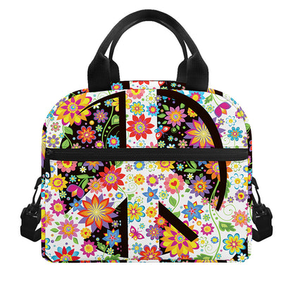 Hippie Flower Peace Sign Print Insulated Lunch Bag