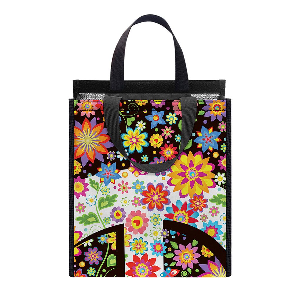 Hippie Flower Peace Sign Print Insulated Lunch Tote