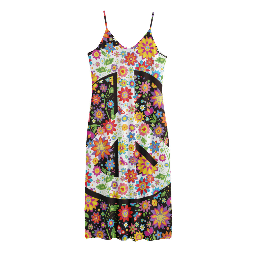 Hippie Flower Peace Sign Print Jersey Midi Cami Dress